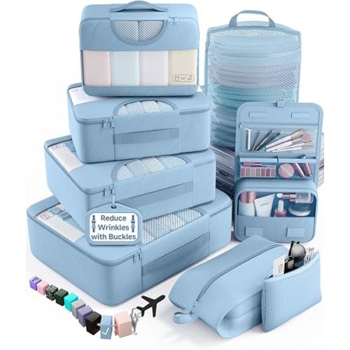 Veken 8 Set Packing Cubes for Travel Essentials,Anti-Wrinkle Buckled Suitcase Organizer for Shoe & Toiletry Bag,Carry On Luggage Bag for Airplane & College Dorm Room Accessories,Women Men Gifts