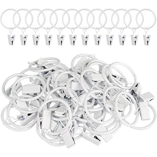 Curtain Rings with Clips, 42 Pack Metal Drapery Rings with Clips Hooks Hangers for Hanging Drapes Bows Hats, Drapes Rings 1.26 in Interior Diameter, Fits Up to 1 in Curtain Rod, White