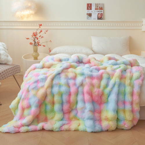 LIFEREVO Fluffy Faux Rabbit Fur Bubble Blanket, Tie Dye Plush Shaggy Throw Couch Sofa, Cozy Comfy Furry Big Bed Blanket Adults Girls, Aesthetic Fuzzy Throw for Bedroom Living Room, 60x90, Rainbow