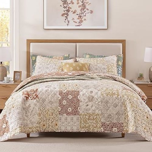 King Size Quilt Set - Patchwork Terracotta Quilt Bedding Set, Lightweight Bedspread for All Seasons (106"x94")