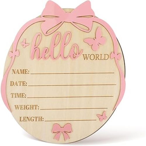 Baby Announcement Board, Wooden Hello World Welcome Newborn Plaque Baby Name Sign Board for Newborn Boys Girls Photo Props Hospital Nursery Home (Big Bow Style)
