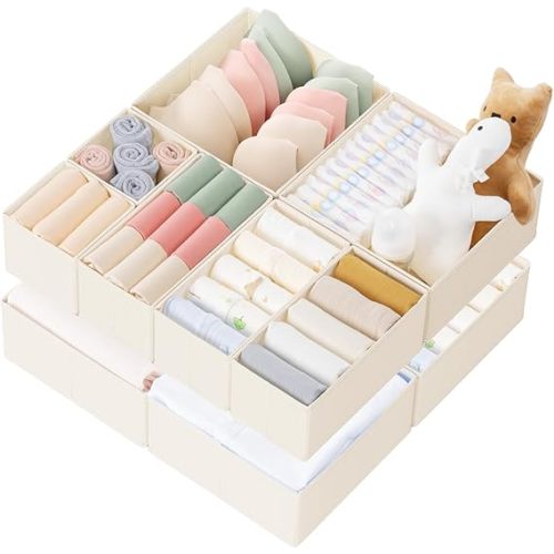 Criusia Drawer Organizer Clothes, 10 Pack Dresser Organizer for Baby Clothes, Underwear, Sock- Foldable Closet Organization and Storage Dividers Bins for Nursery, Bedroom (Beige)