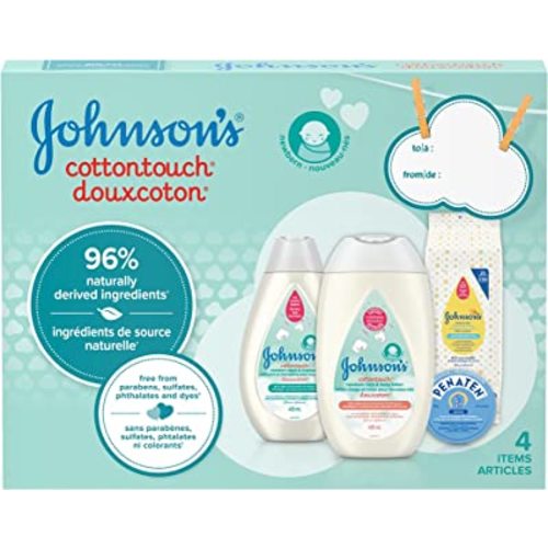 Johnson’s Cottontouch Newborn Gift Set, Face & Body Lotion, Wash & Shampoo, Baby Washcloths, Penaten Cream, 4 Products