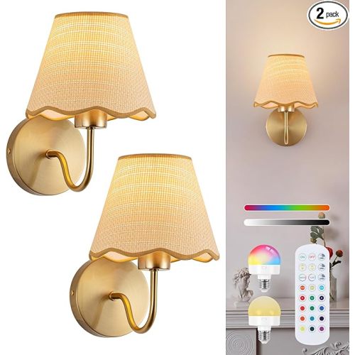 ADISUN Battery Operated Wall Sconce Set of 2, Gold Wall Lamps Rechargeable Bulbs for Living Room, Rattan Shade Wireless Wall Lights for Bedroom Living Room Hallway Kitchen(2 Bulbs Included)
