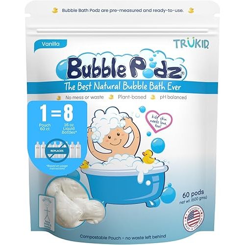 TruKid Bubble Podz Bubble Bath for Baby & Kids, Gentle Refreshing Bath Bomb for Sensitive Skin, pH Balance 7 for Eye Sensitivity, Natural Moisturizers and Ingredients, Vanilla (60 Podz)