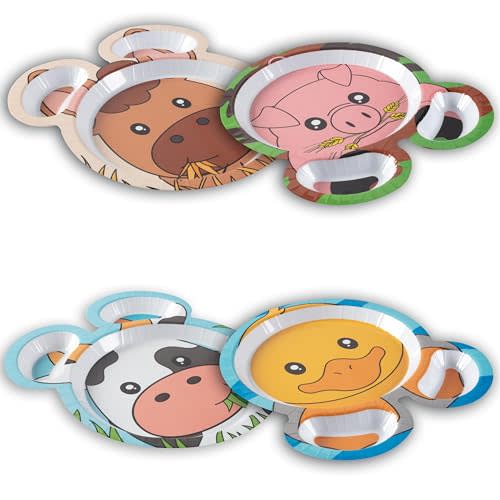 Bentology Zoo Farm Friends Mealtime Melamine Feeding Plates- Set of 4 Different Cute Zoo Animal Pal Dishes for Kids -Horse, Pig, Duck & Cow -Divided Compartments, BPA Free - Gift for Toddlers