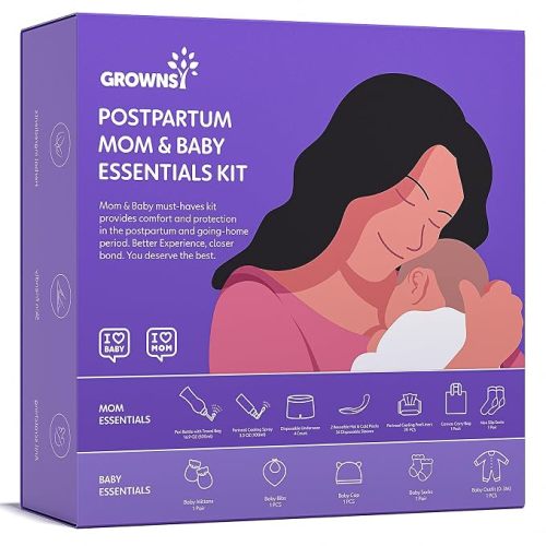 GROWNSY 16pc Postpartum Essentials Recovery Kit for Mom & Baby, Purple | Includes 4 Disposable Underwear, 2 Ice Packs, Peri Bottle, Perineal Spray, 28 Cooling Pad Liners & 5-Piece Baby's Kit Cater