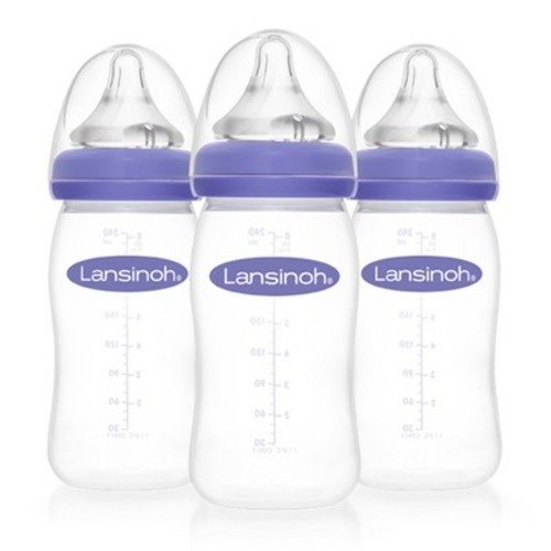 Lansinoh Baby Bottles for Breastfeeding Babies with 3 Medium Flow Nipples (Size 3M) - 8oz/3ct