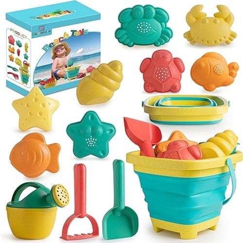Beach Toys for Kids - Sand Toys Set Includes Collapsible Sand Bucket Shovel and Sand Rake Toy for Beach 12 PCS, Sandbox Toys Sandcastle Building Kit (A)
