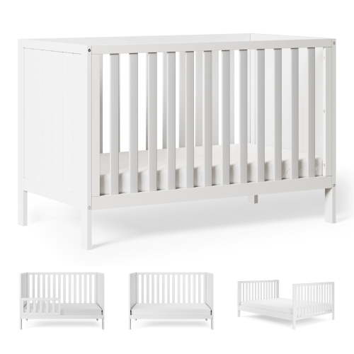 HARPPA 5-in-1 Convertible Baby Crib, Solid Pine Wood, White, Adjustable Heights, Safety Tested