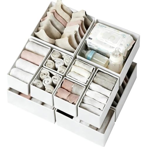 Criusia Drawer Organizer Clothes 12 Pack, Dresser Organizer for Nursery Bedroom Closet Organization and Storage - Baby Clothes Organizer Bins - Drawer Divider for Sock Underwear Bra Ties (Beige)