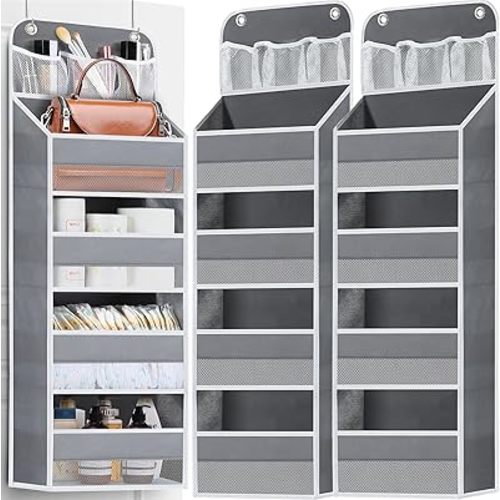 2 Pack Over The Door Organizer, Hanging Storage Organization with Large Capacity Pockets, Swing-Proof Behind Door Storage Shelf for Kicthen Bedroom Nursery Kids Toys Shoes, Grey