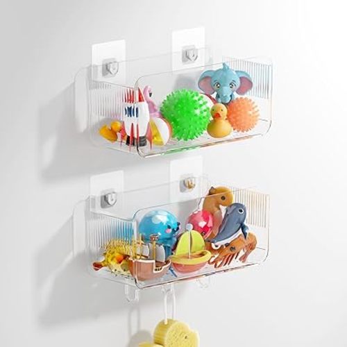 Bath Toy Storage Holder, 2 Pack Large Capacity Clear Adhesive Shower Caddy & Bathtub Organizer with Quick-Dry Holes, No Drill Wall Mounted for Bathroom, Kitchen