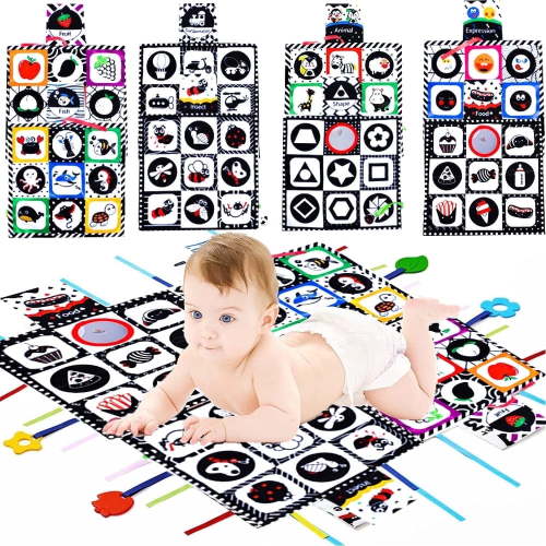 Baby Toys 0-6 Months, Tummy Time Crinkle Toys with Mirror, Black and White High Contrast Sensory Toys for 0-6-12-18 Months Infant Newborn