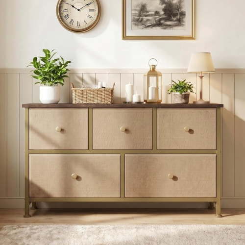 Nextay 5 Drawers Dresser, Wide Dressers with Drawer Organizers, Chest of Drawers, Fabric Dresser,Khaki