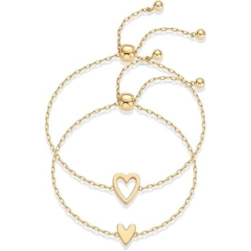 PAVOI 14K Gold Plated Matching Heart Charms Solitaire Bracelet Set for Women | Adjustable Valentines Day Love Friendship Two Bracelet Pack