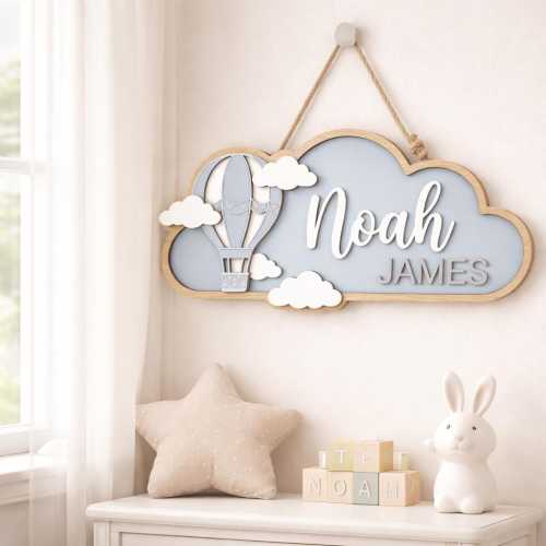 Personalized Hot Air Balloon Name Sign, Nursery Wall Decor, 3D Wood Baby Name Sign, Boho Baby Room Decor, Custom Name Plaque