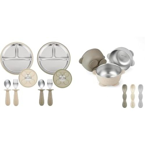 PandaEar 2 Pack Stainless Steel Baby Plates & 2 Pack Spoons and Forks Set ＆ PandaEar 3 Pack Bowls