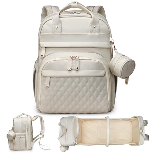 Leather Diaper Bags with Changing Station，Baby Bag，Large Capacity Diaper Bag Backpack for Moms Dads,Waterproof Diaper Backpack（Beige）