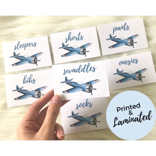 PRINTED & LAMINATED Baby Drawer Labels | Airplane Theme | 8 Closet Organizers | Baby Boy's Nursery Room Decor| Aviator, Pilot, Vehicle