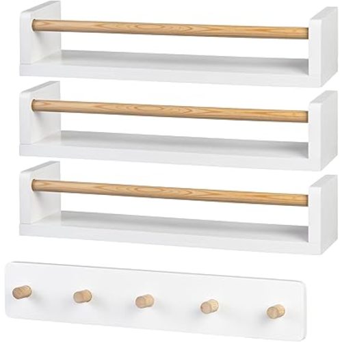Nursery Floating Shelves with Space-Saving Hook Rack - Set of 4 Solid Wood Wall Storage for Books, Toys, Blankets, Clothes - Modern Kids Room, Nursery Decor (Snowy Alpine White)