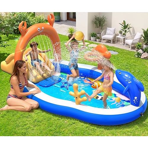 StarOcean 2026 Large Inflatable Play Center,Kiddie Pool with Water Slide&Sprinkler,121''x71"x51''Inflatable Toddler Pool with Slide,BlowUp Water Play for Toldder,Inflatable Water Park for Kid Backyard