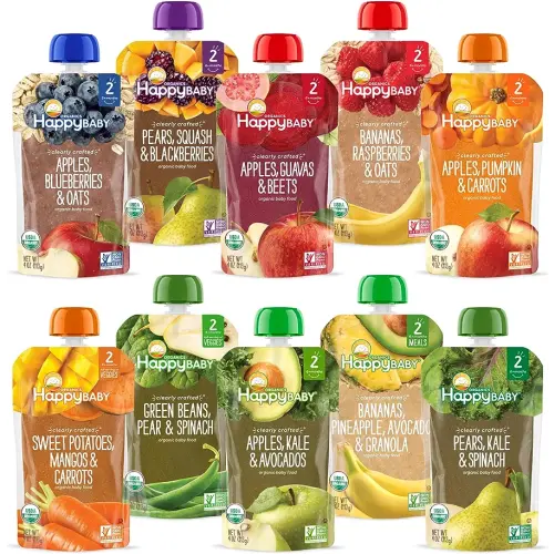 Happy Baby Organics Stage 2 Baby Food Pouches, Gluten Free, Vegan & Healthy Snack, Clearly Crafted Fruit & Veggie Puree, Fruit & Veggie Variety Pack, 4 Ounces (Pack of 10), Amazon Exclusive
