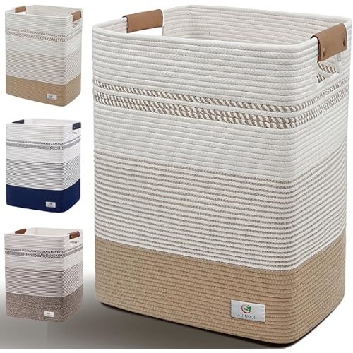 Laundry Hamper Large Laundry Basket with Leather Handles, Decorative Storage Cotton Rope Woven Basket for Blankets, Clothes Hamper for Living Room, Jute & White, 85L