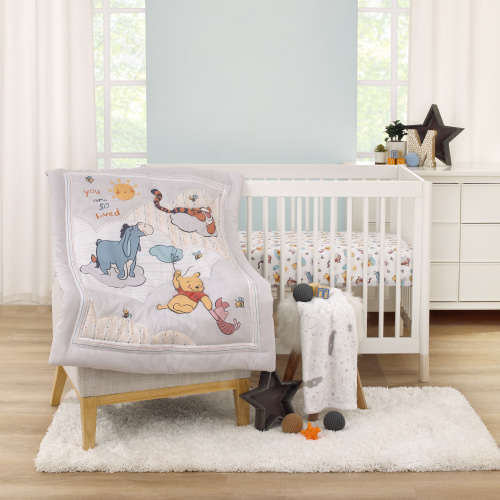 Disney Winnie the Pooh So Loved Crib Bedding Set, 3-Pieces, Gray, Blue, White, Unisex, Pooh, Tigger, Infant