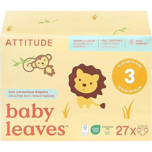 ATTITUDE Eco-Conscious Disposable Diapers, EWG Verified, Size 3 (13-22 lbs), Ultra Absorbent for Baby, Vegan & Plant-Based, 27 Count