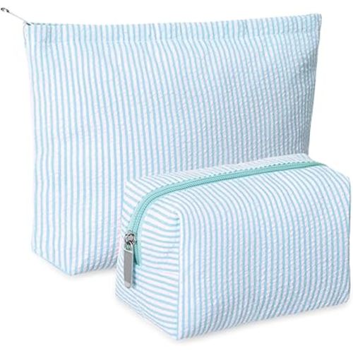 Huhumy 2 Pcs Makeup Bag Set for Women, Light Blue, Thin Stripe