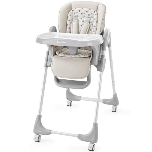 Baby High Chair with Wheel, Adjustable Foldable Chair for Babies & Toddlers | 8-Level Height Adjustment, Adjustable Footrest & Reclining Backrest, Foldable Design, Easy-Clean Double-Layer Tray, Grey