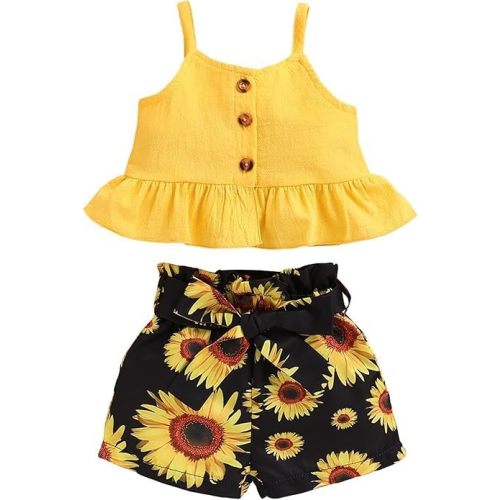 Kucnuzki Toddler Baby Girl Clothes Summer Outfits Ruffle Sleeveless Linen Shirt Kid Short Set for Girl