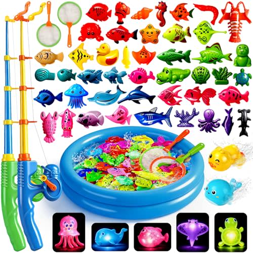 CozyBomB™ Magnetic Fishing Toys Game Set for Kids | Water Table Bathtub Kiddie Pool Party Pole Rod Net, Outdoor Plastic Floating Fish, Toddler Bath Color Ocean Sea Animals Birthday Gift Age 3-5 6 4-8