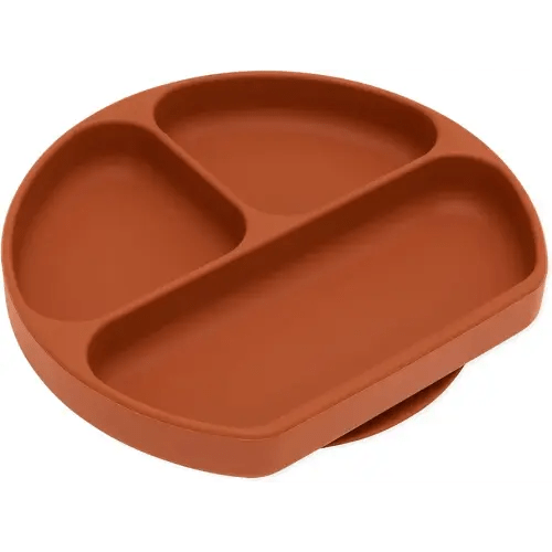 Bumkins Toddler and Baby Suction Plate, Divided Grip Dish for Babies and Kids, Baby Led Weaning, Feeding Supplies, Sticks to Tables and Highchairs, Platinum Silicone, for Children 6 Months, Clay