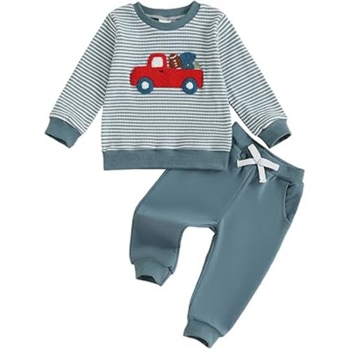 fhutpw Baby Toddler Boy Girl Fall Winter Clothes Embroidery Stripe Pullover Pants Sets Infant Long Sleeve Sweatshirt Outfits