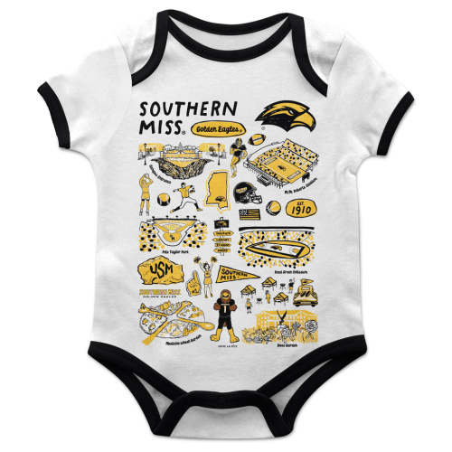 Southern Miss Golden Eagles Hand Sketched Vive La Fete Impressions Artwork Infant White Short Sleeve Bodysuit Bodysuit