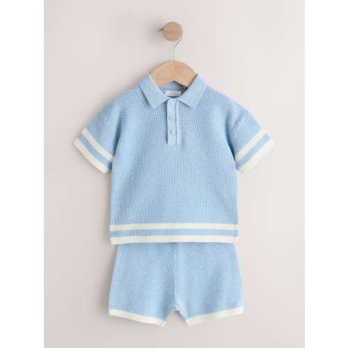 Blue Knitted Button Neck Polo Shirt and Shorts Set (3mths-10yrs)