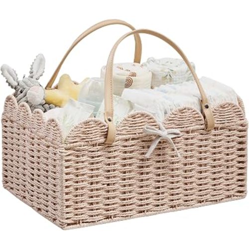 Scalloped Paper Rope Diaper Caddy, Woven Floral Baby Diaper Organizer with Dividers for Changing Table, Nursery & Car Portable Baby Gift Basket