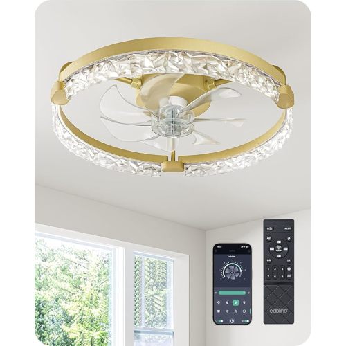 EDISHINE Ceiling Fans with Lights, 20'' Low Profile Flush Mount Fandelier, 3000-6000K Dimmable, 6 Speeds, App & Remote Control, DC Motor, LED Modern Bladeless Fan Light for Bedroom, Gold