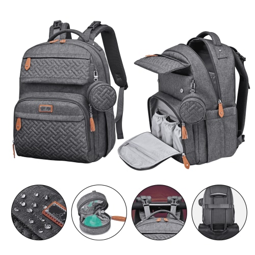 Diaper Bag by BabbleRoo, Travel Backpack with Changing Pad, Pacifier Case & Stroller Straps- Dark Gray