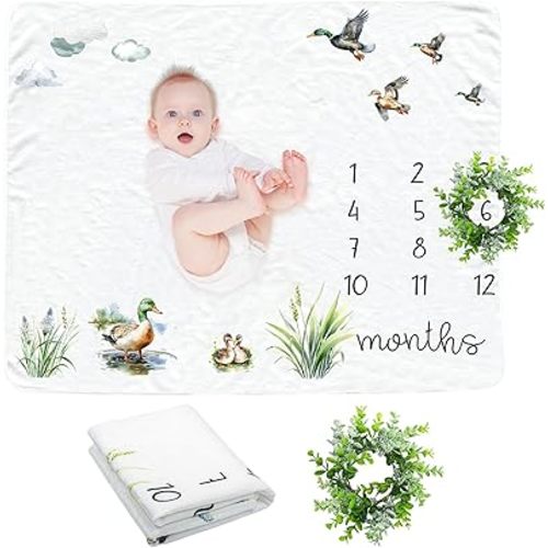 Mallard Duck Baby Monthly Milestone Blanket with Wreath Flannel Mallard Duck Baby Stuff, Green Drake Newborn Swaddling Wrap, Monthly Milestone Blanket for Boys Girls (39.4" x 51.2")