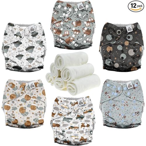 Mama Koala 3.0 Cloth Diapers for Babies with AWJ Lining, 6 Pack with 6 Natural Cloth Diaper Inserts - Reusable and Washable Pocket Diapers (Space Ranger)