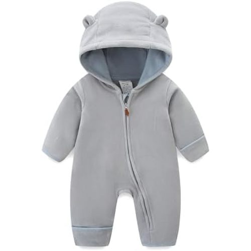 Newborn Baby Bear Onesie Winter Snowsuit With Fold-over Mittens & Footies Zip Up Baby Fleece Jumpsuit 0-18M