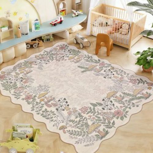 Garvee Area Rug, Mushroom Floral Botanical Pattern Rugs, Scalloped Living Room Non Slip Low Pile Stain-Resistant Indoor Carpet for Bedroom, 8'x10'