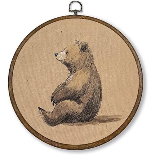 Qskjre Vintage Woodland Bear Wall Art Decor, Rustic Forest Animal Round Wood Framed Canvas Wall Artwork, Wildlife Hanging Prints for Nursery Kids Log Cabin Living Room Bedroom Decorations 10"x10"