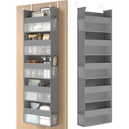 SONGMICS Over The Door Organizer, Hanging Door Organizer with 5 Large Pockets, 5-Tier Fabric Storage, Transparent Nylon Mesh, Foldable, Metal Hooks, with Side Pouches, Dove Gray URDH007G01
