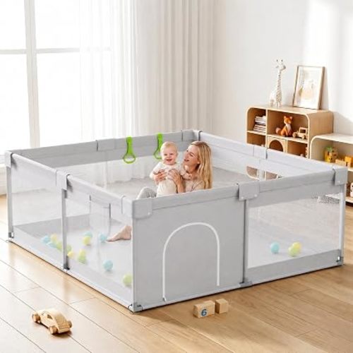 Uanlauo Baby Playpen for Babies and Toddlers, 47×47 in Play Yards, Gray | Play pen for Indoor & Outdoor, Breathable Mesh, Side Storage Bag, Play Pen with 2 pull-up rings, Anti-slip Suction Cup