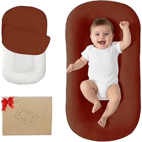 Lucakuins Baby Lounger, Bionic Design Baby Lounger for Newborn 0-24 Months, Soft Organic Cotton Breathable Lounger for Infants (Brown)