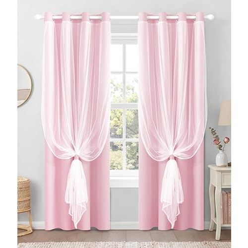 100% Blackout Curtains with Sheer Overlay, Pink, 52 x 84 inch, 2 Panels